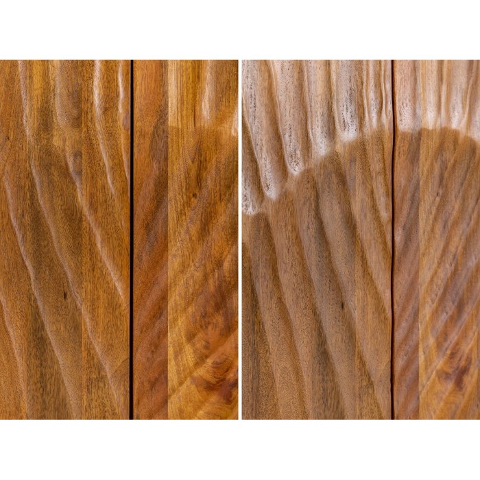 Zoom sur les détails sculptés du buffet SILVA en bois massif de manguier 140cm
