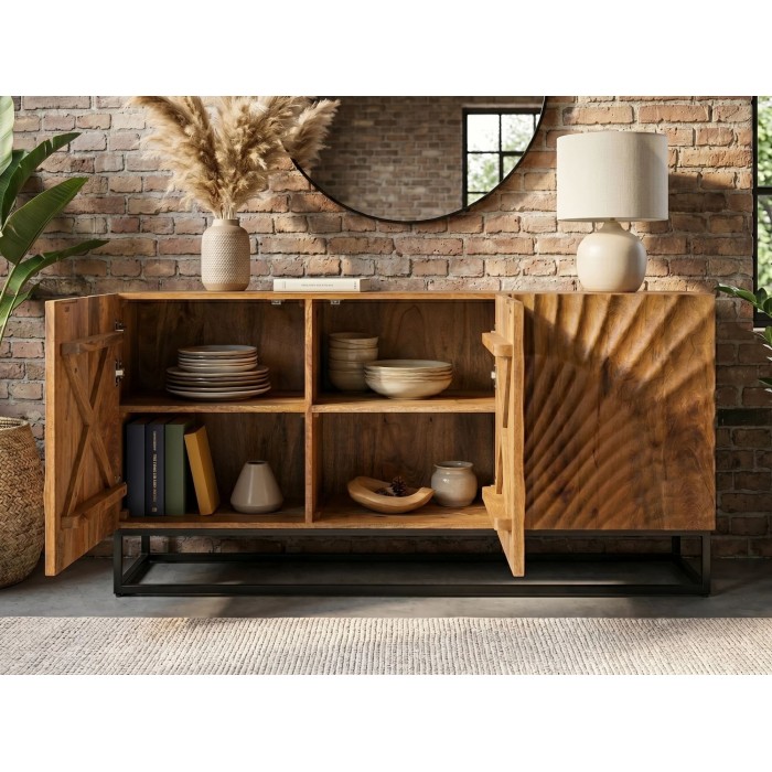 Buffet SILVA en bois massif de manguier 140cm avec portes de gauche ouvertes