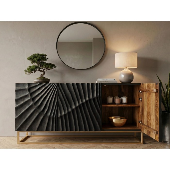 Buffet SILVA noir et doré 140cm avec porte de droite ouverte