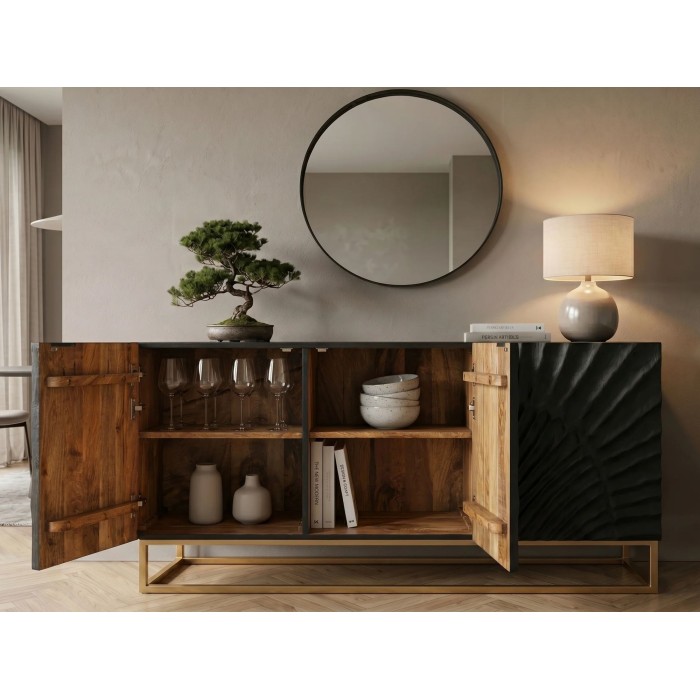 Buffet SILVA noir et doré 140cm avec portes de gauche ouvertes