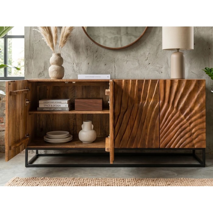 Buffet SILVA en bois massif de manguier 177cm avec portes de gauche ouvertes