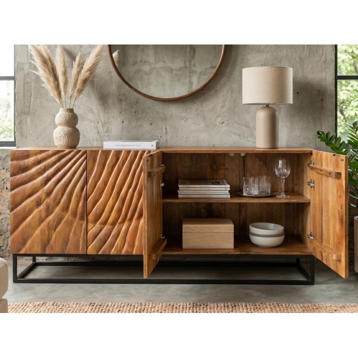 Buffet SILVA en bois massif de manguier 177cm avec portes de droite ouvertes