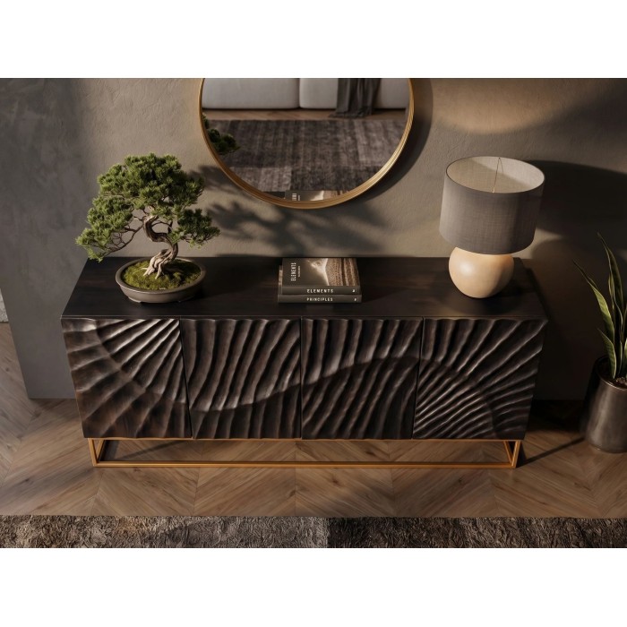 Buffet SILVA 177cm en bois de manguier noir vu de haut et de face