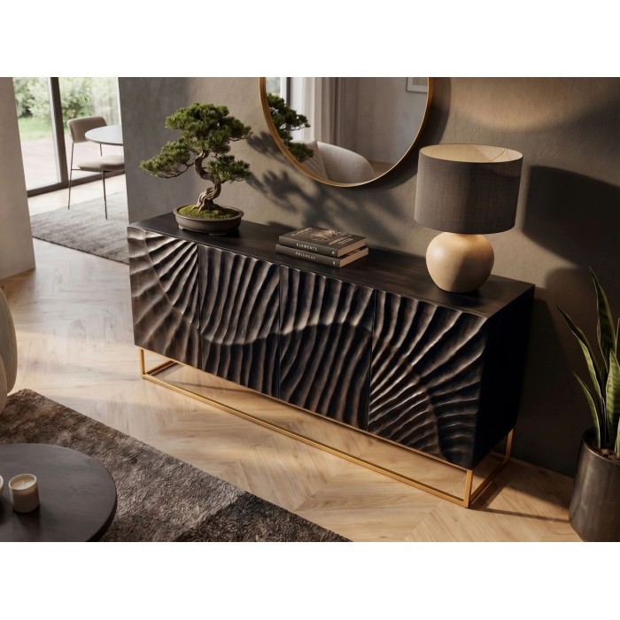 Buffet SILVA 177cm en bois de manguier noir vu de côté et de haut
