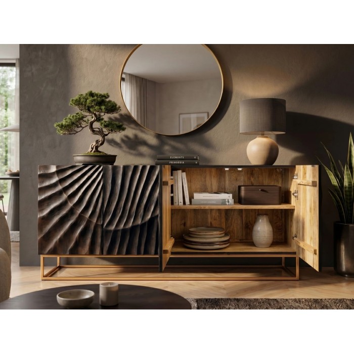 Buffet SILVA 177cm en bois de manguier noir vu de face avec placards de droite ouverts