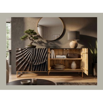 Buffet SILVA 177cm en bois de manguier noir vu de face avec placards de droite ouverts