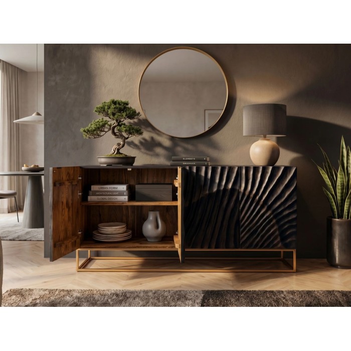 Buffet SILVA 177cm en bois de manguier noir vu de face avec placards de gauche ouverts
