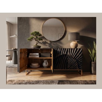 Buffet SILVA 177cm en bois de manguier noir vu de face avec placards de gauche ouverts