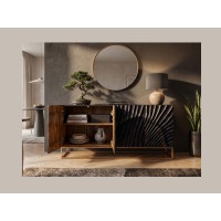 Buffet SILVA 177cm en bois de manguier noir vu de face avec placards de gauche ouverts