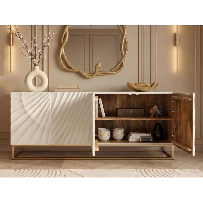 Buffet SILVA 177cm en bois massif de manguier blanc avec placards de droites ouverts