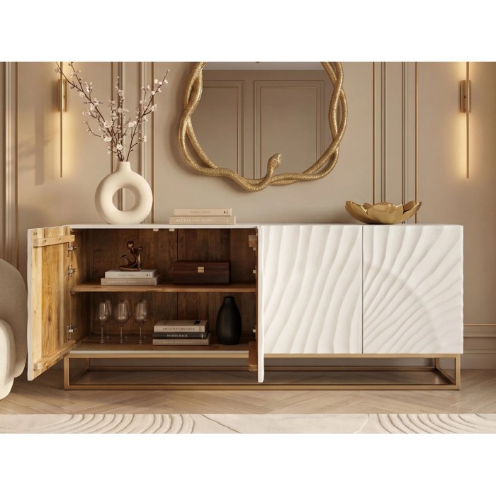 Buffet SILVA 177cm en bois massif de manguier blanc avec placards de gauche ouverts