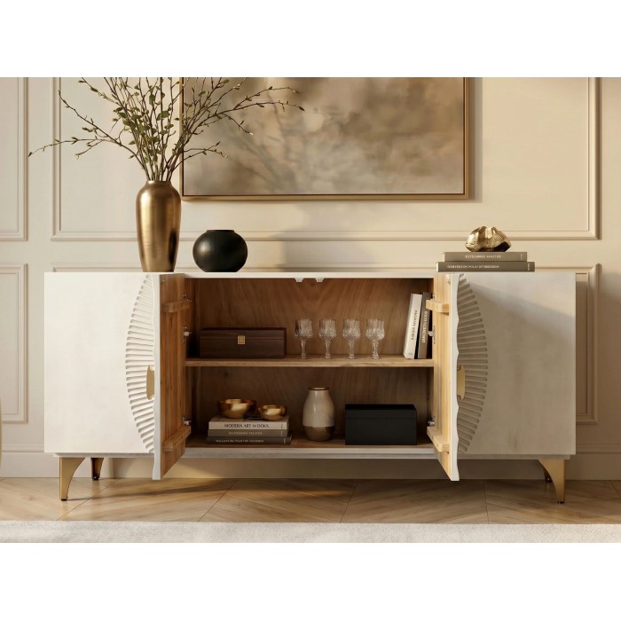 Buffet SOLARIS 177cm blanc et doré vu de face avec placards ouverts