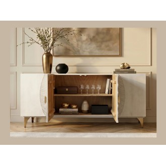 Buffet SOLARIS 177cm blanc et doré vu de face avec placards ouverts