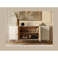 Buffet SOLARIS 177cm blanc et doré vu de face avec placards ouverts