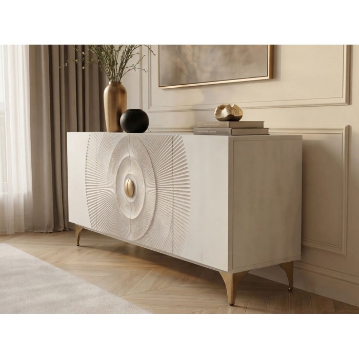 Buffet SOLARIS 177cm blanc et doré vu de côté de face