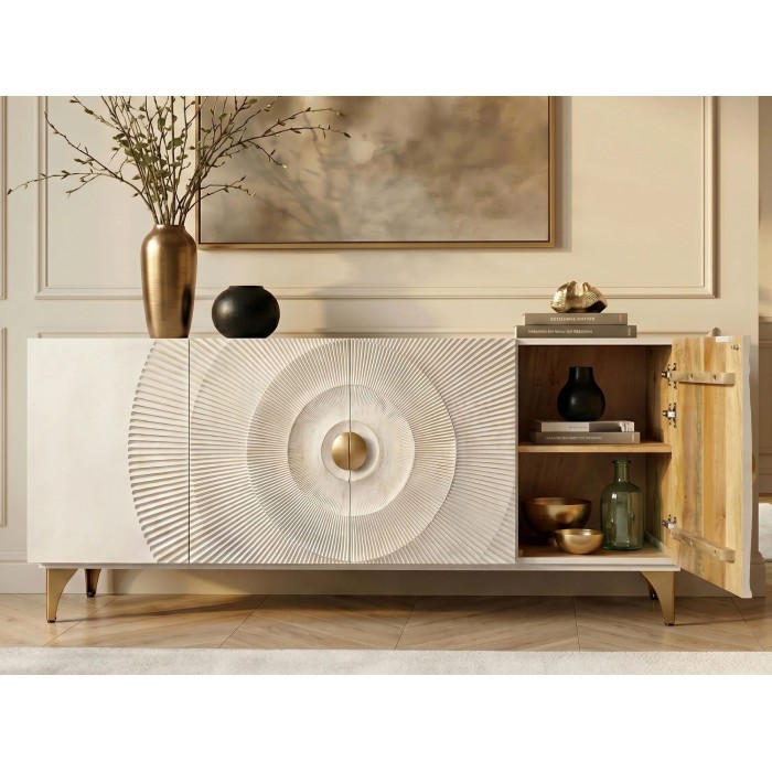 Buffet SOLARIS 177cm blanc et doré vu de face avec placard de droite ouvert
