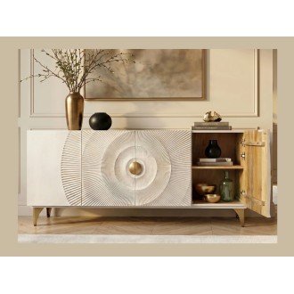 Buffet SOLARIS 177cm blanc et doré vu de face avec placard de droite ouvert
