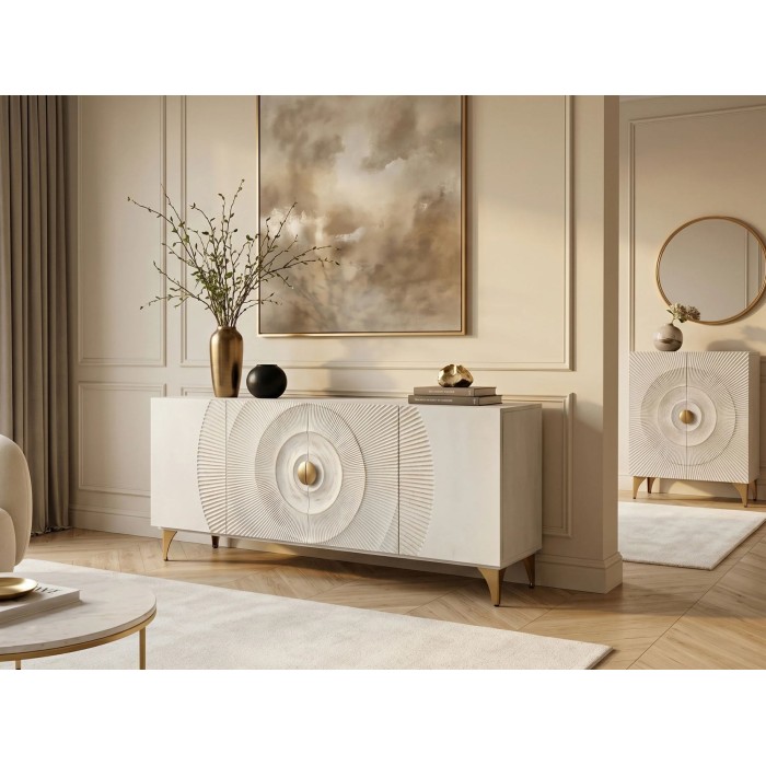 Buffet SOLARIS 177cm blanc et doré vu avec un autre meuble de la même collection