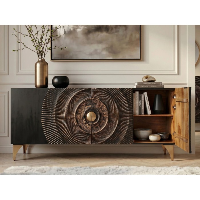 Buffet SOLARIS 177cm noir et doré avec placard de droite ouvert