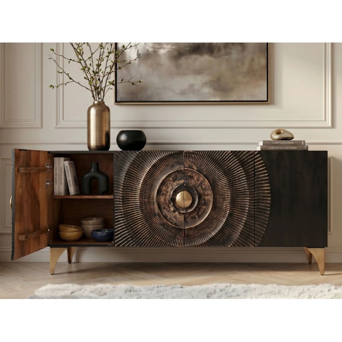 Buffet SOLARIS 177cm noir et doré avec placard de gauche ouvert