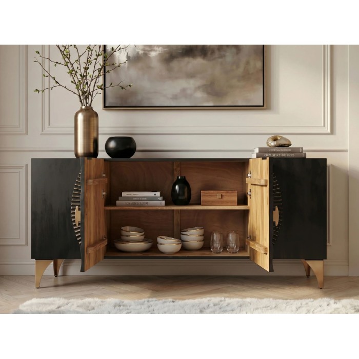 Buffet SOLARIS 177cm noir et doré avec placards centraux ouverts