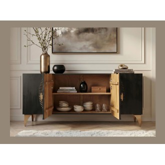 Buffet SOLARIS 177cm noir et doré avec placards centraux ouverts