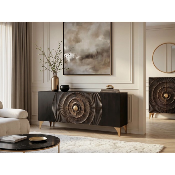 Buffet SOLARIS 177cm noir et doré vu avec un autre meuble de la collection