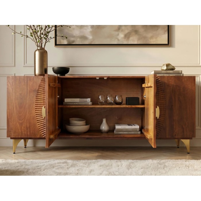 Buffet SOLARIS 177cm marron et doré avec placards centraux ouverts