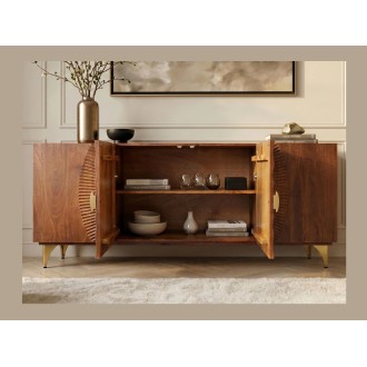 Buffet SOLARIS 177cm marron et doré avec placards centraux ouverts