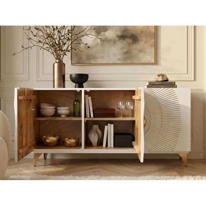 Buffet SOLARIS 140cm blanc et doré avec placards de gauche ouverts