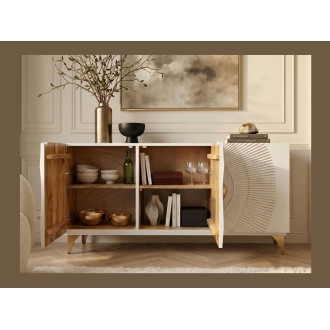 Buffet SOLARIS 140cm blanc et doré avec placards de gauche ouverts