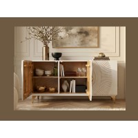 Buffet SOLARIS 140cm blanc et doré avec placards de gauche ouverts
