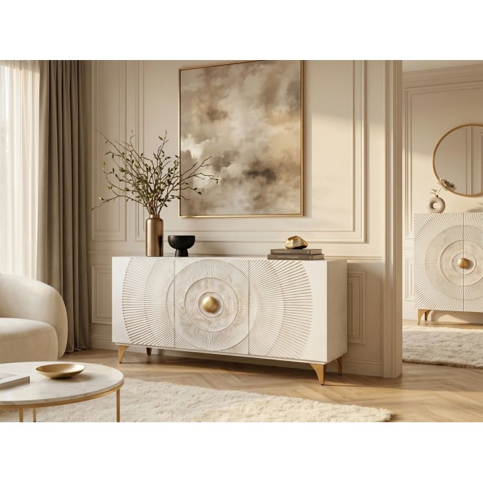 Buffet SOLARIS 140cm blanc et doré vu avec d'autres meubles de la collection