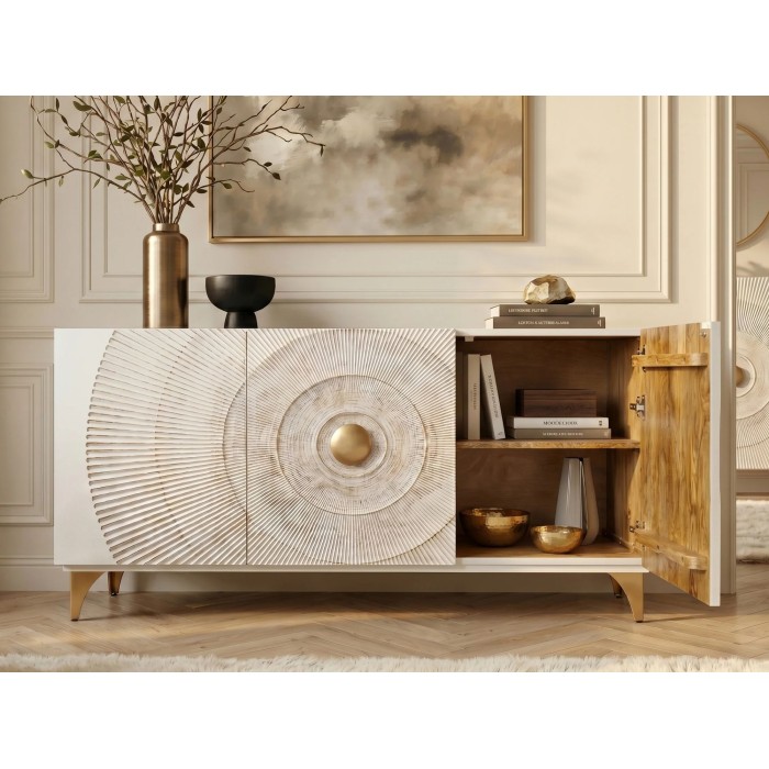 Buffet SOLARIS 140cm blanc et doré avec placard de droite ouvert