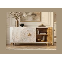 Buffet SOLARIS 140cm blanc et doré avec placard de droite ouvert