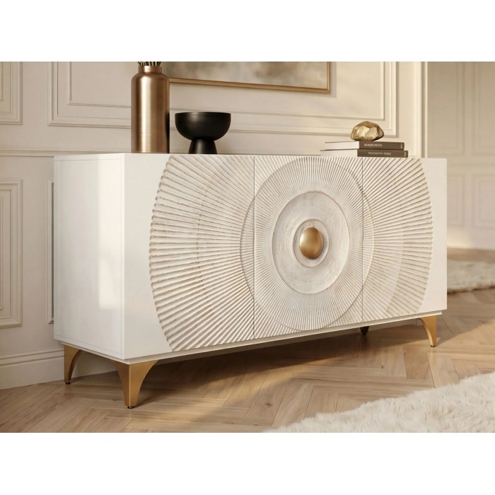 Buffet SOLARIS 140cm blanc et doré mis en situation