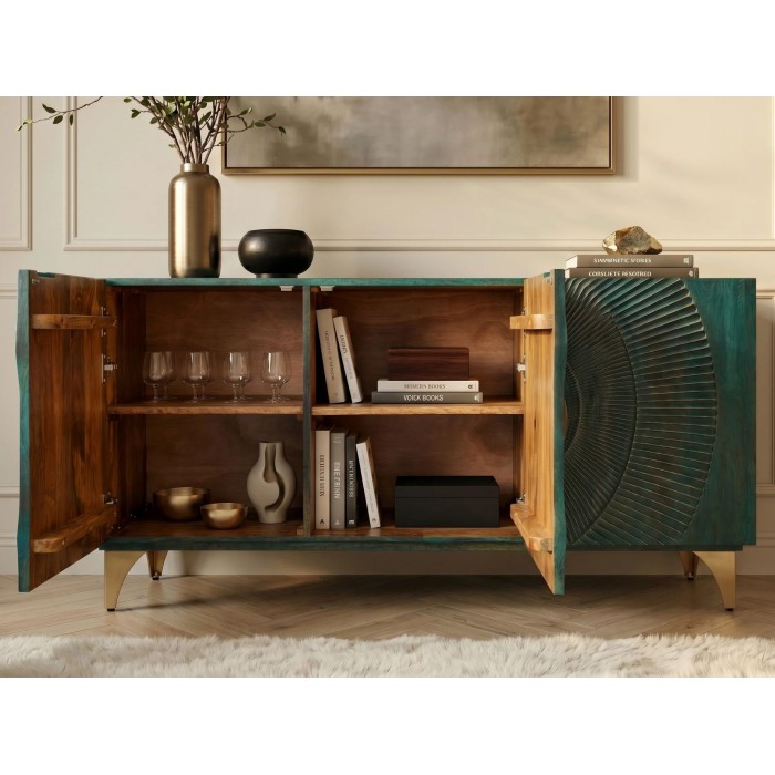 Buffet SOLARIS 140cm turquoise avec placards de gauche ouverts
