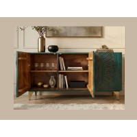 Buffet SOLARIS 140cm turquoise avec placards de gauche ouverts