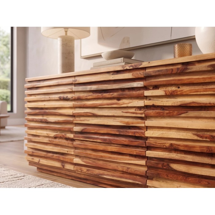 Zoom sur la façade du buffet SAVANA 160cm en bois de sheesham vu de côté