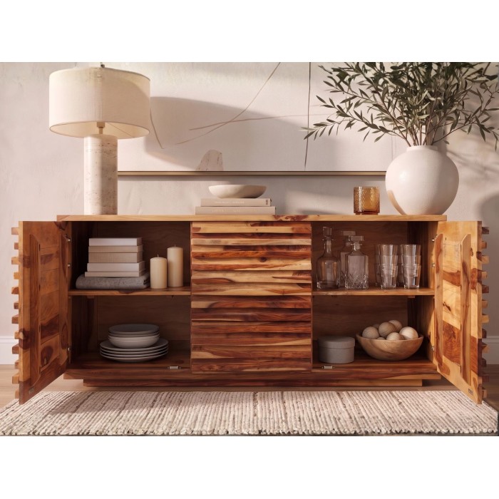 Buffet SAVANA 160cm en bois de sheesham vu de face avec placards ouverts