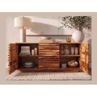 Buffet SAVANA 160cm en bois de sheesham vu de face avec placards ouverts