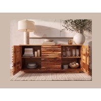Buffet SAVANA 160cm en bois de sheesham vu de face avec placards ouverts