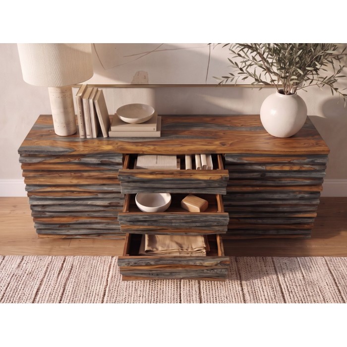 Buffet 160cm en sheesham fumé vu de face avec tiroirs ouverts