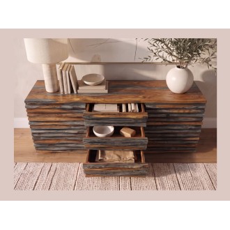 Buffet 160cm en sheesham fumé vu de face avec tiroirs ouverts