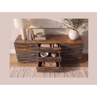 Buffet 160cm en sheesham fumé vu de face avec tiroirs ouverts