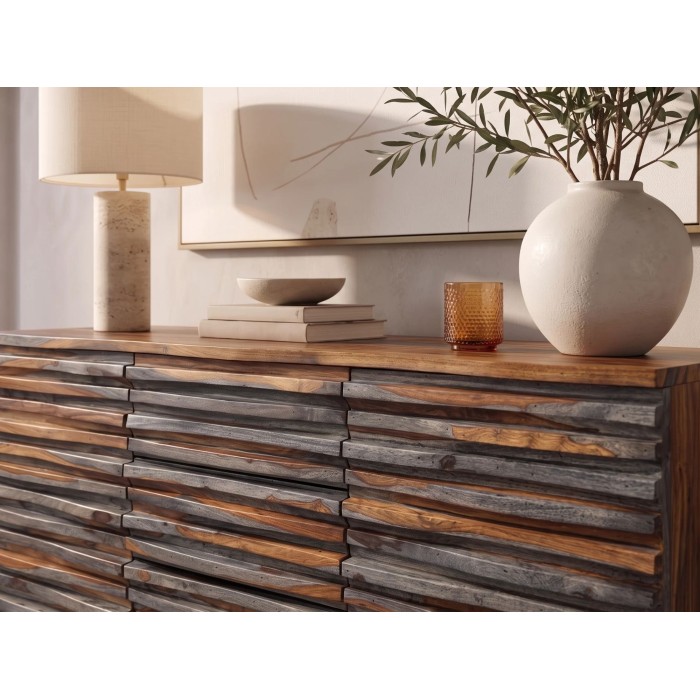 Zoom sur la façade du buffet 160cm en sheesham fumé