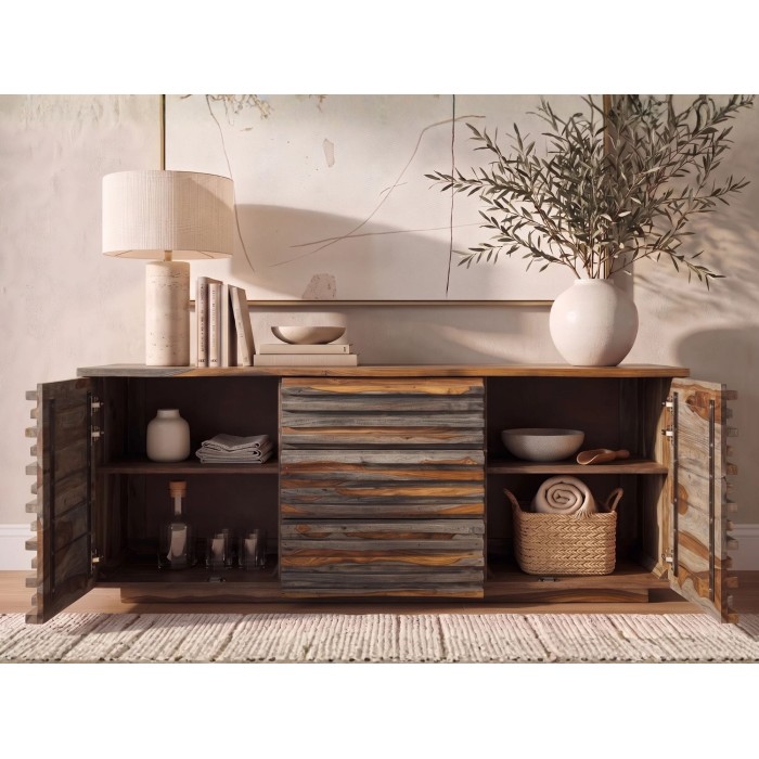 Buffet 160cm en sheesham fumé vu de face avec placards ouverts