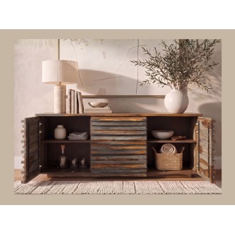 Buffet 160cm en sheesham fumé vu de face avec placards ouverts