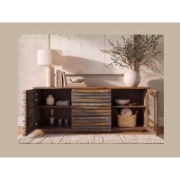 Buffet 160cm en sheesham fumé vu de face avec placards ouverts