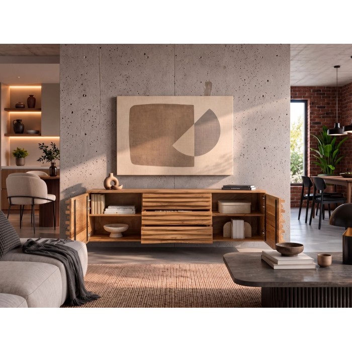 Buffet ou meuble TV SAVANA 174cm vu de face avec placards ouverts